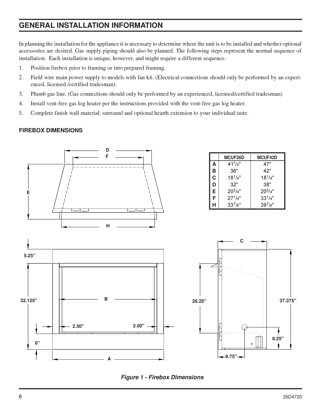 Monessen Hearth MCUF42D SERIES dimensions General Installation Information, Firebox Dimensions 