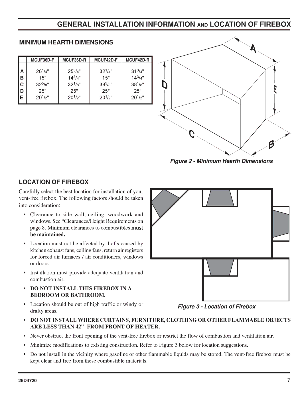 Monessen Hearth MCUF42D SERIES General Installation Information and Location of Firebox, Minimum Hearth Dimensions 