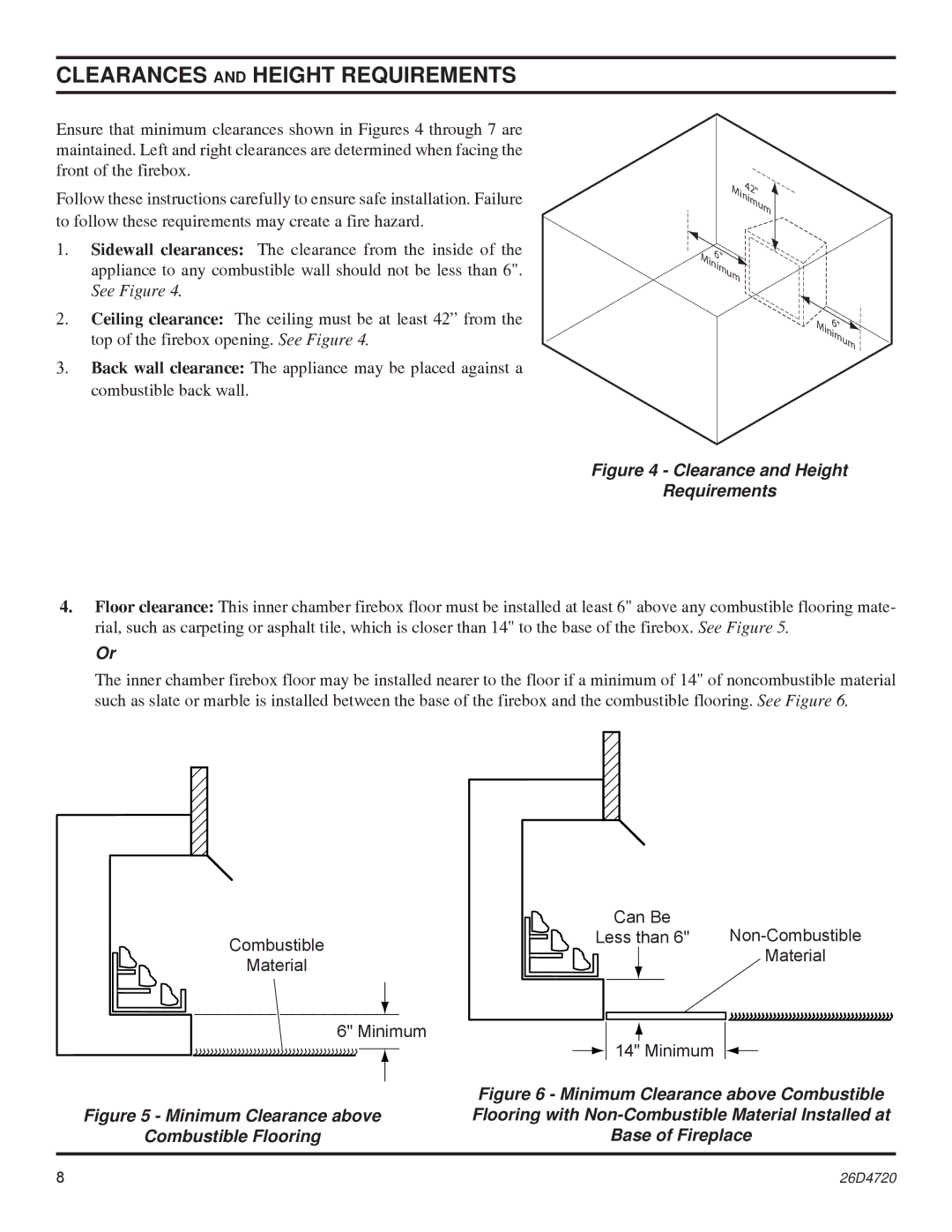 Monessen Hearth MCUF42D SERIES dimensions Clearances and Height Requirements, Clearance and Height Requirements 