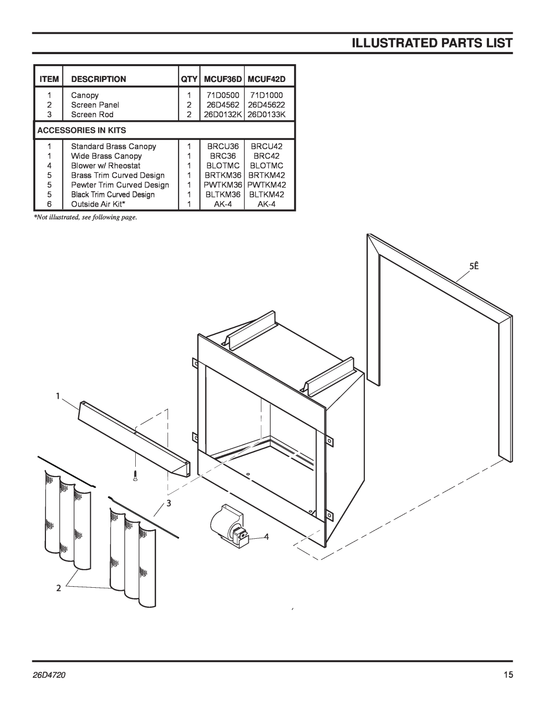 Monessen Hearth MCUF42D SERIES dimensions Illustrated Parts List, 5Ê, Description, MCUF36D, Accessories In Kits, 26D4720 