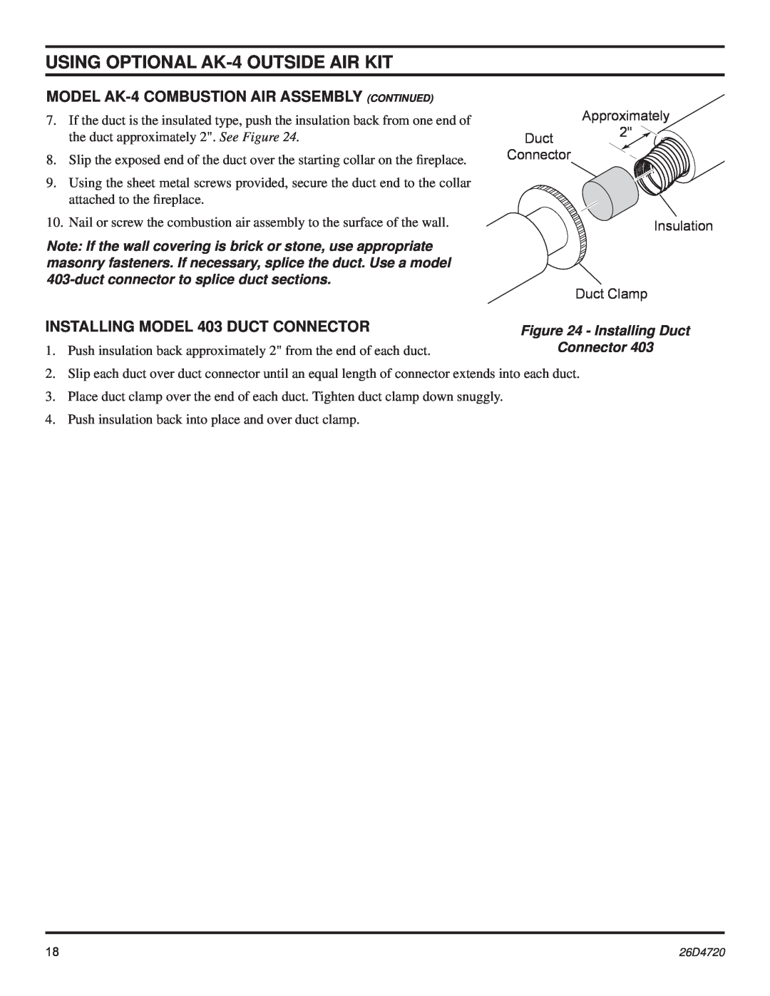 Monessen Hearth MCUF42D SERIES dimensions USING OPTIONAL AK-4OUTSIDE AIR KIT, MODEL AK-4COMBUSTION AIR ASSEMBLY CONTINUED 