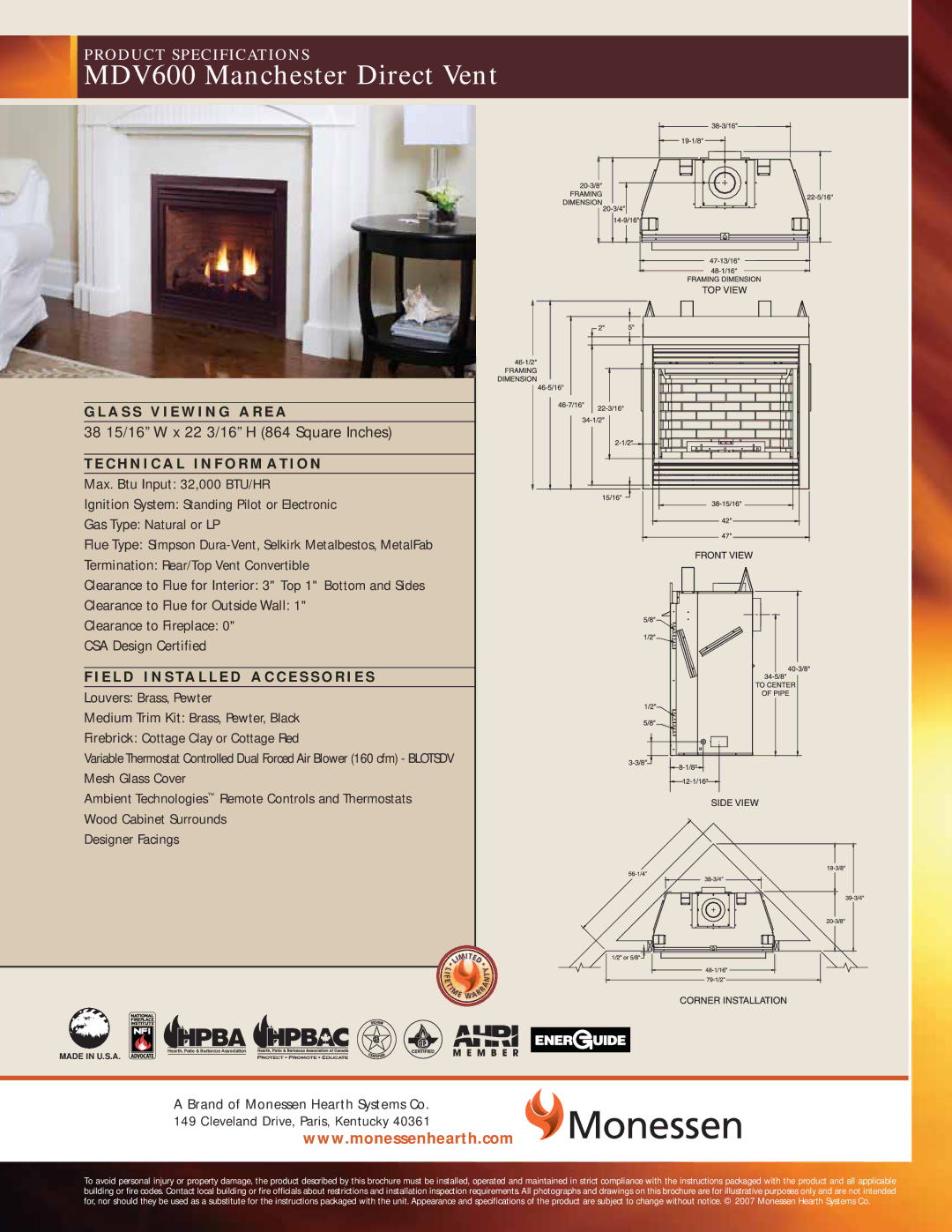 Monessen Hearth specifications MDV600 Manchester Direct Vent 