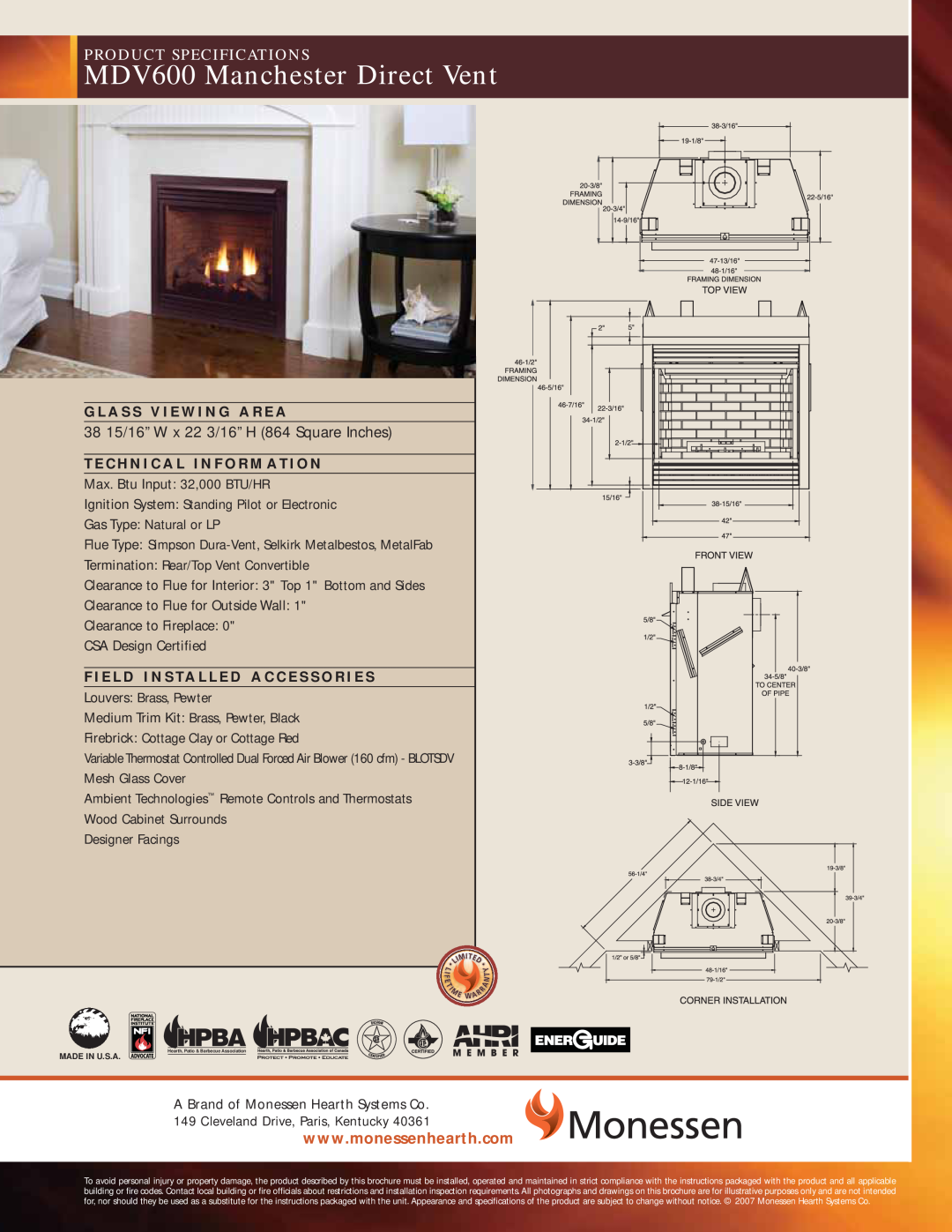 Monessen Hearth specifications MDV600 Manchester Direct Vent, Product Specifications 