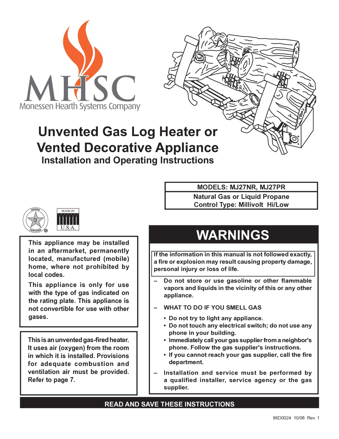 Monessen Hearth operating instructions Models MJ27NR, MJ27PR 