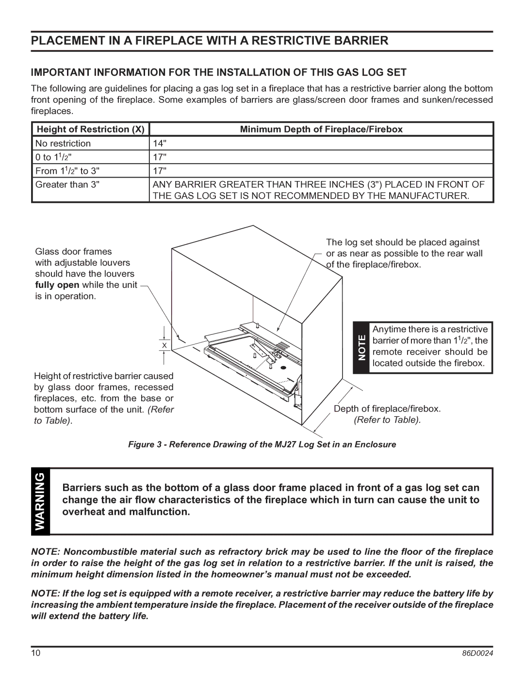 Monessen Hearth MJ27NR, MJ27PR operating instructions Placement in a fireplace with a restrictive barrier 