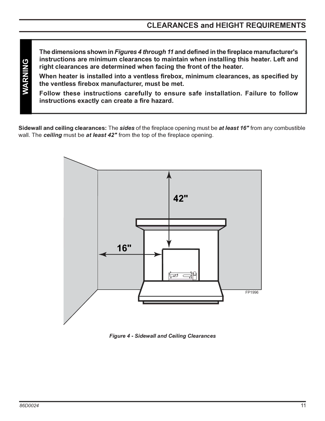 Monessen Hearth MJ27PR, MJ27NR operating instructions Clearances and Height Requirements, Sidewall and Ceiling Clearances 