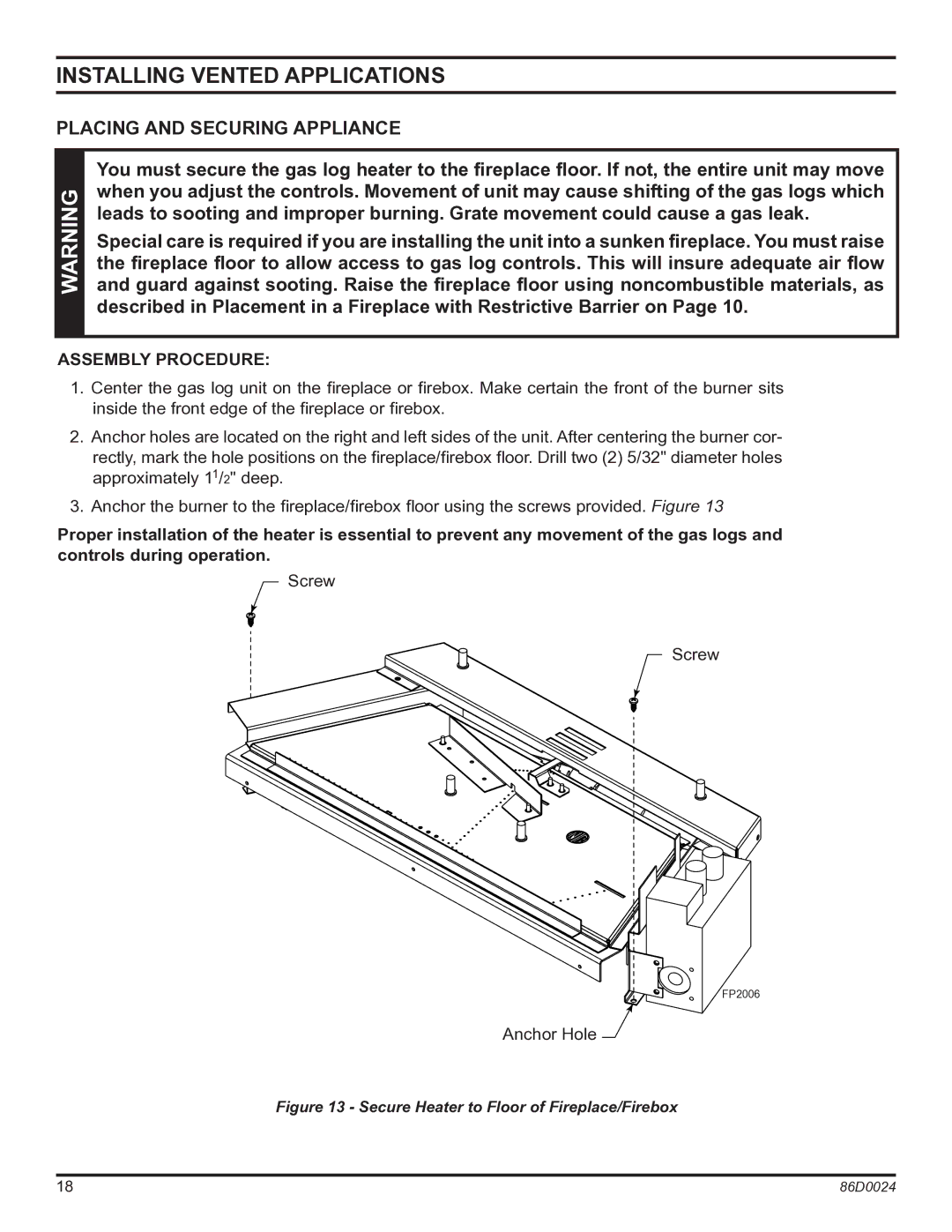 Monessen Hearth MJ27NR, MJ27PR Installing Vented Applications, Placing and Securing Appliance, Assembly procedure 