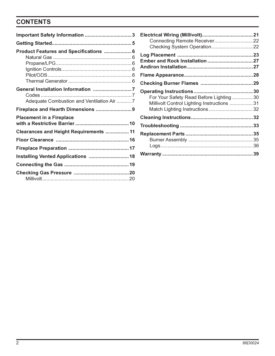 Monessen Hearth MJ27NR, MJ27PR operating instructions Contents 