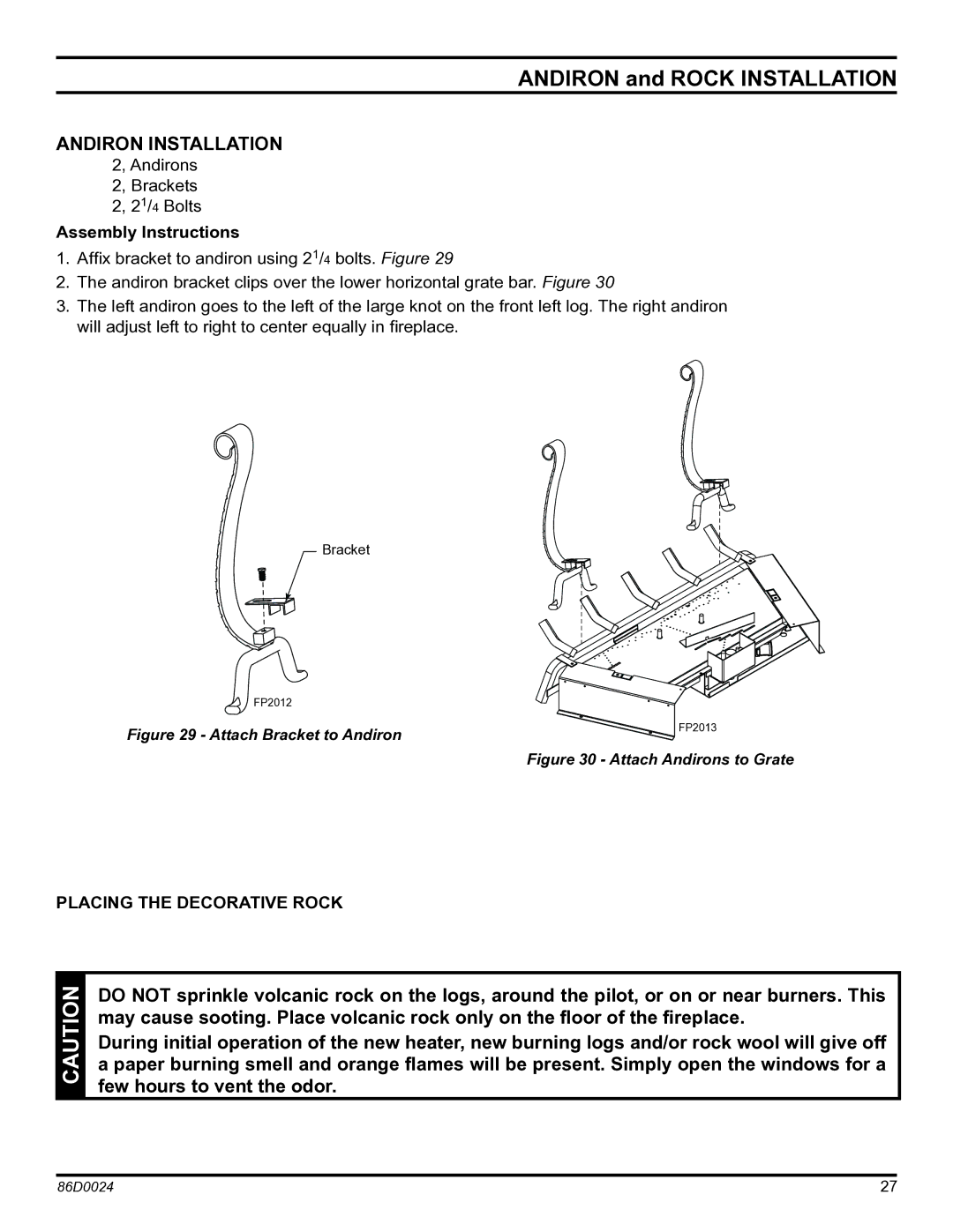 Monessen Hearth MJ27PR, MJ27NR Andiron and rock installation, ANDIRON Installation, Assembly Instructions 