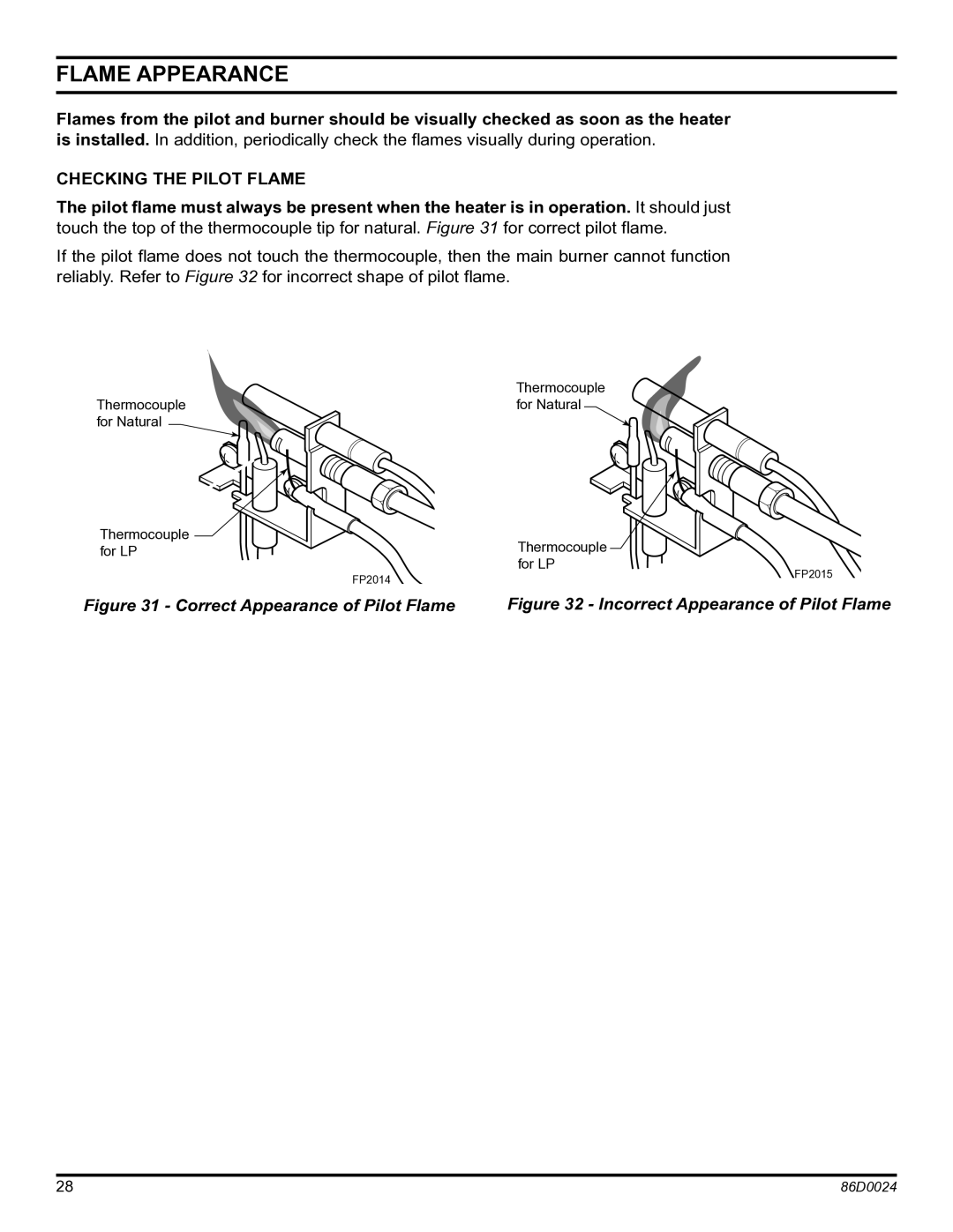 Monessen Hearth MJ27NR, MJ27PR operating instructions Flame Appearance, Checking the pilot flame 