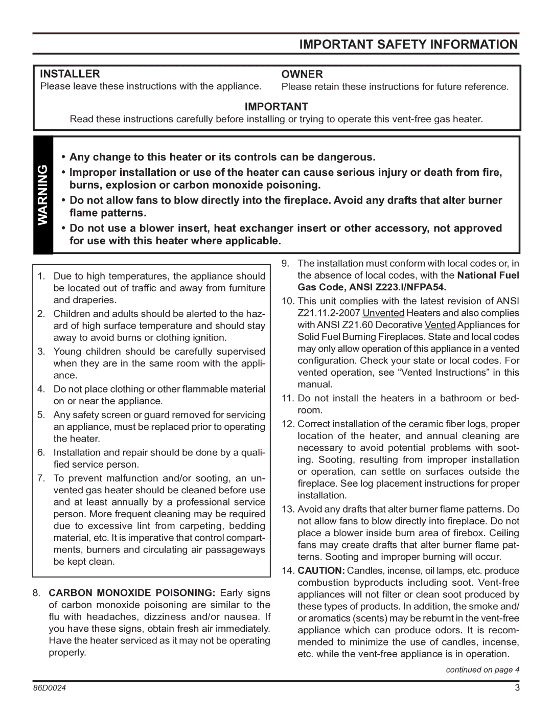 Monessen Hearth MJ27PR, MJ27NR Important Safety Information, Installer, Owner, Gas Code, Ansi Z223.l/NFPA54 