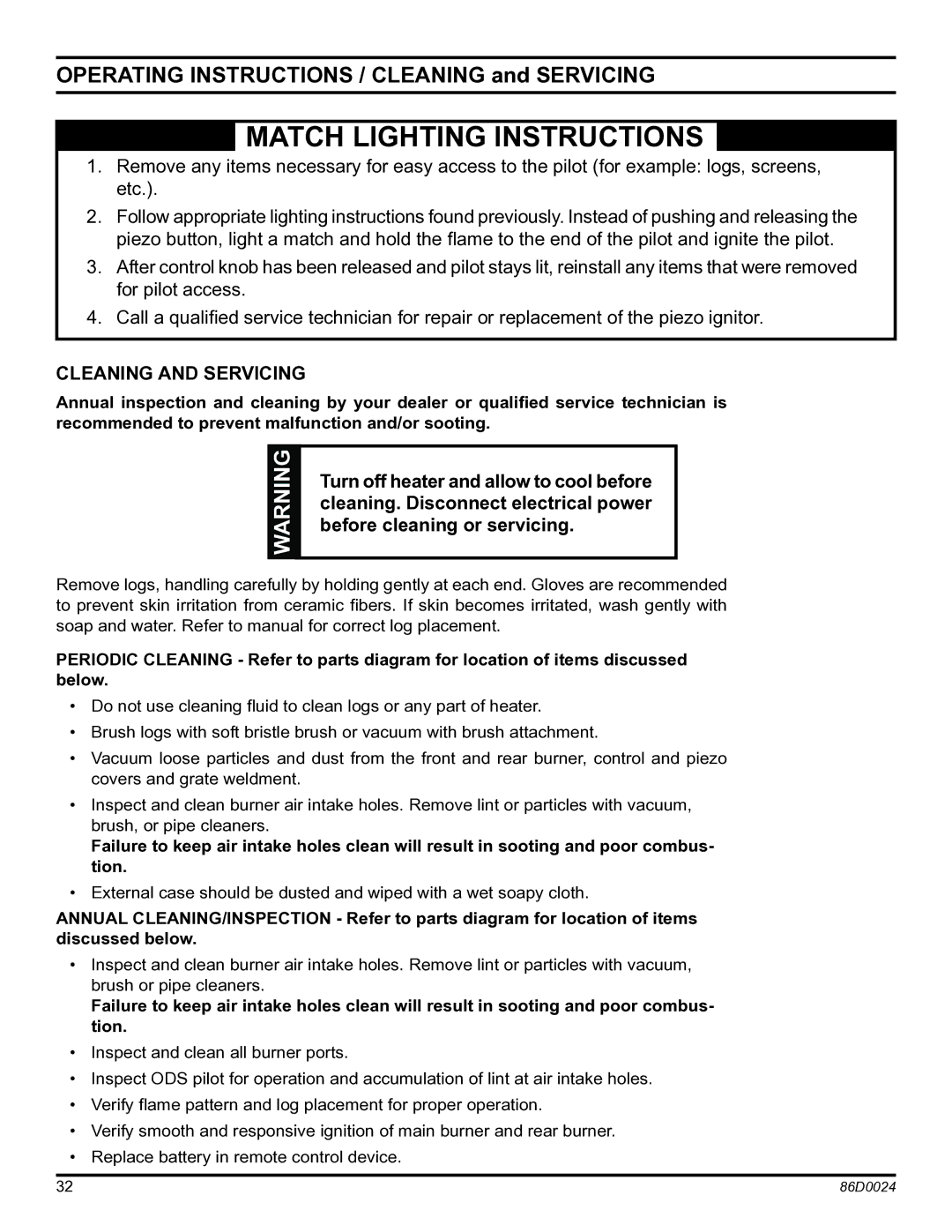 Monessen Hearth MJ27NR, MJ27PR operating instructions Operating Instructions / Cleaning and Servicing 