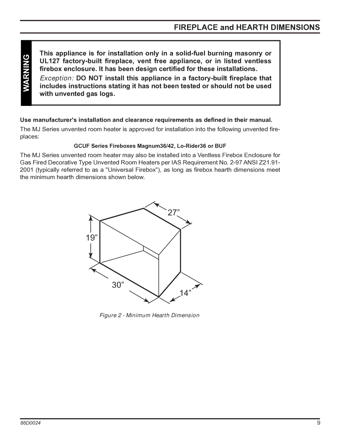 Monessen Hearth MJ27PR, MJ27NR operating instructions Fireplace and Hearth Dimensions, Minimum Hearth Dimension 