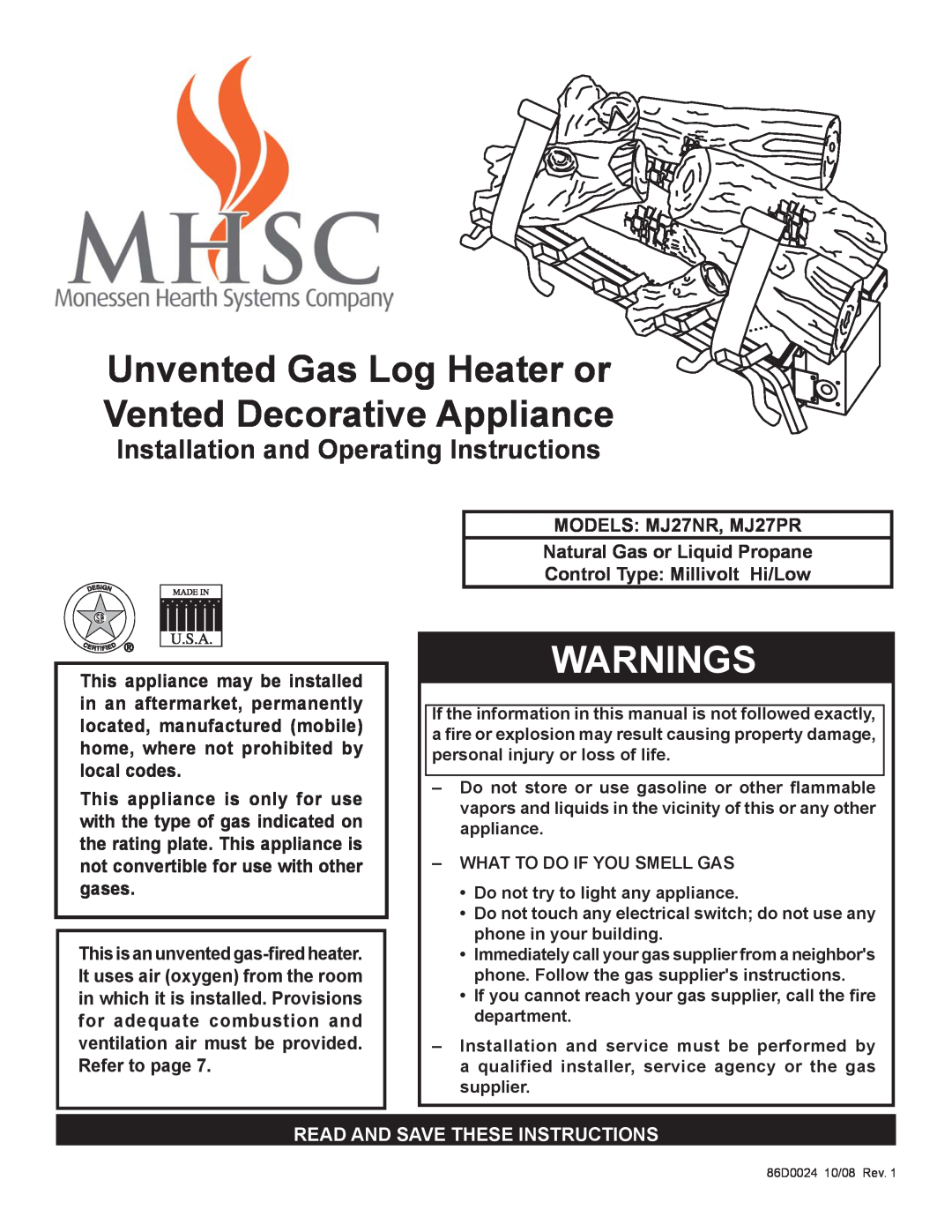 Monessen Hearth MJ27PR operating instructions Installation and Operating Instructions, Read And Save These Instructions 