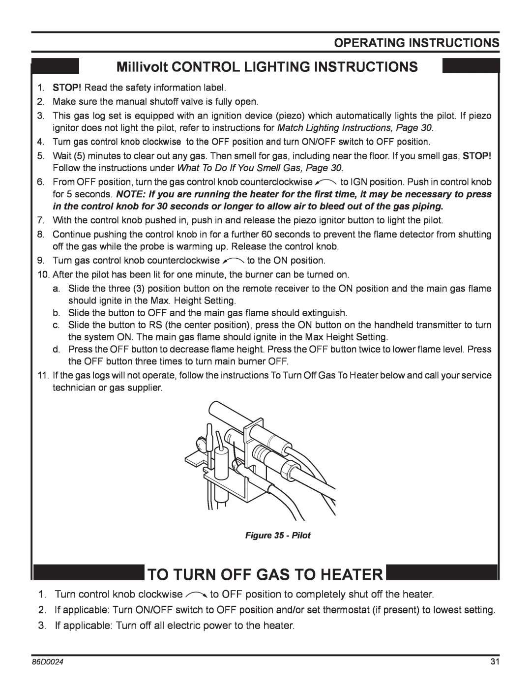 Monessen Hearth MJ27PR, MJ27NR To Turn Off Gas To Heater, Millivolt CONTROL LIGHTING INSTRUCTIONS, Operating Instructions 