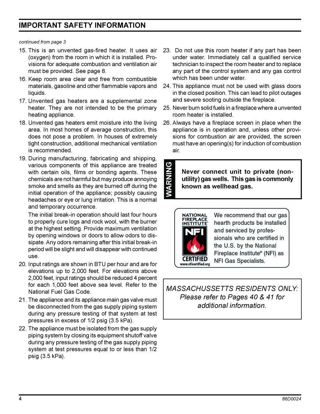 Monessen Hearth MJ27NR Important Safety Information, Massachussetts residents only, Please refer to Pages 40 & 41 for 
