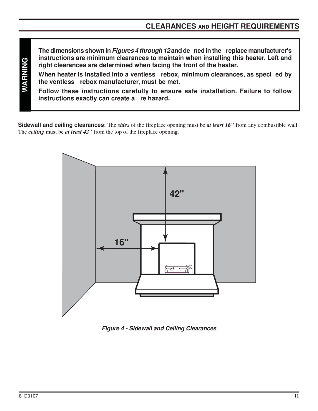 Monessen Hearth NB18, NB24 operating instructions Clearances and Height Requirements, Sidewall and Ceiling Clearances 