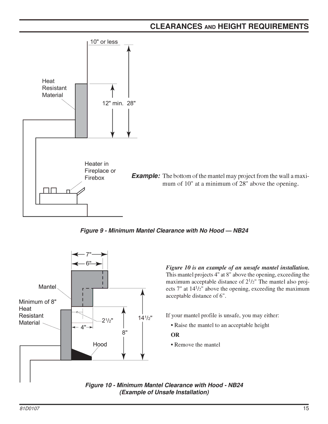 Monessen Hearth NB18, NB24 operating instructions Mum of 10 at a minimum of 28 above the opening 