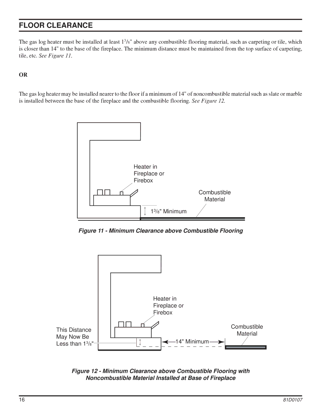 Monessen Hearth NB24, NB18 operating instructions Floor Clearance, Minimum Clearance above Combustible Flooring 