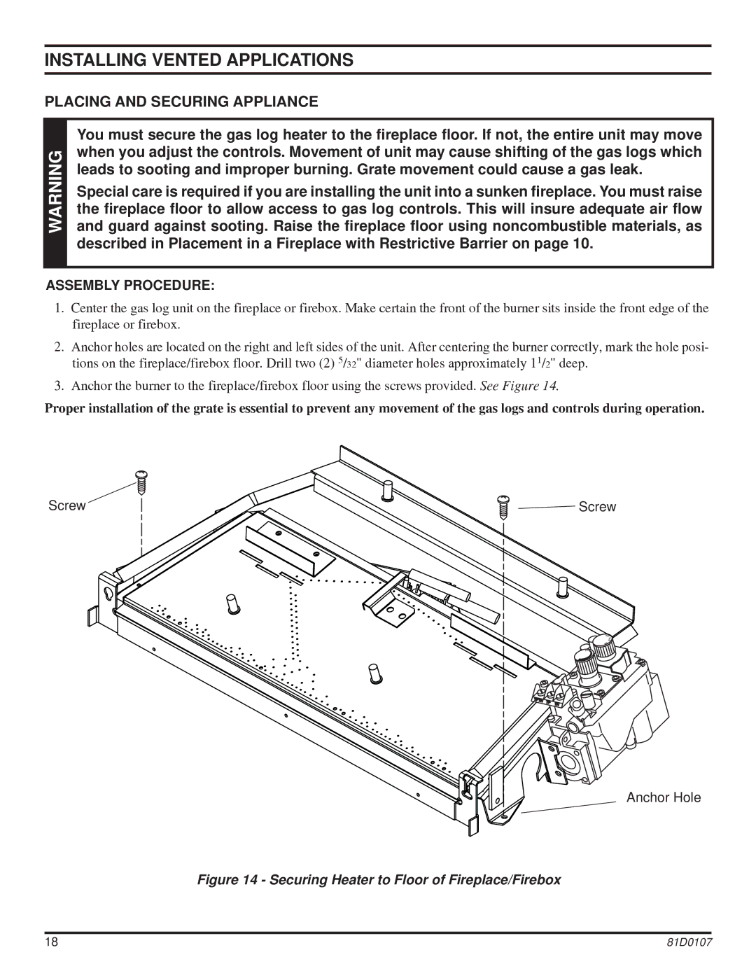 Monessen Hearth NB24, NB18 Installing Vented Applications, Placing and Securing Appliance, Assembly Procedure 