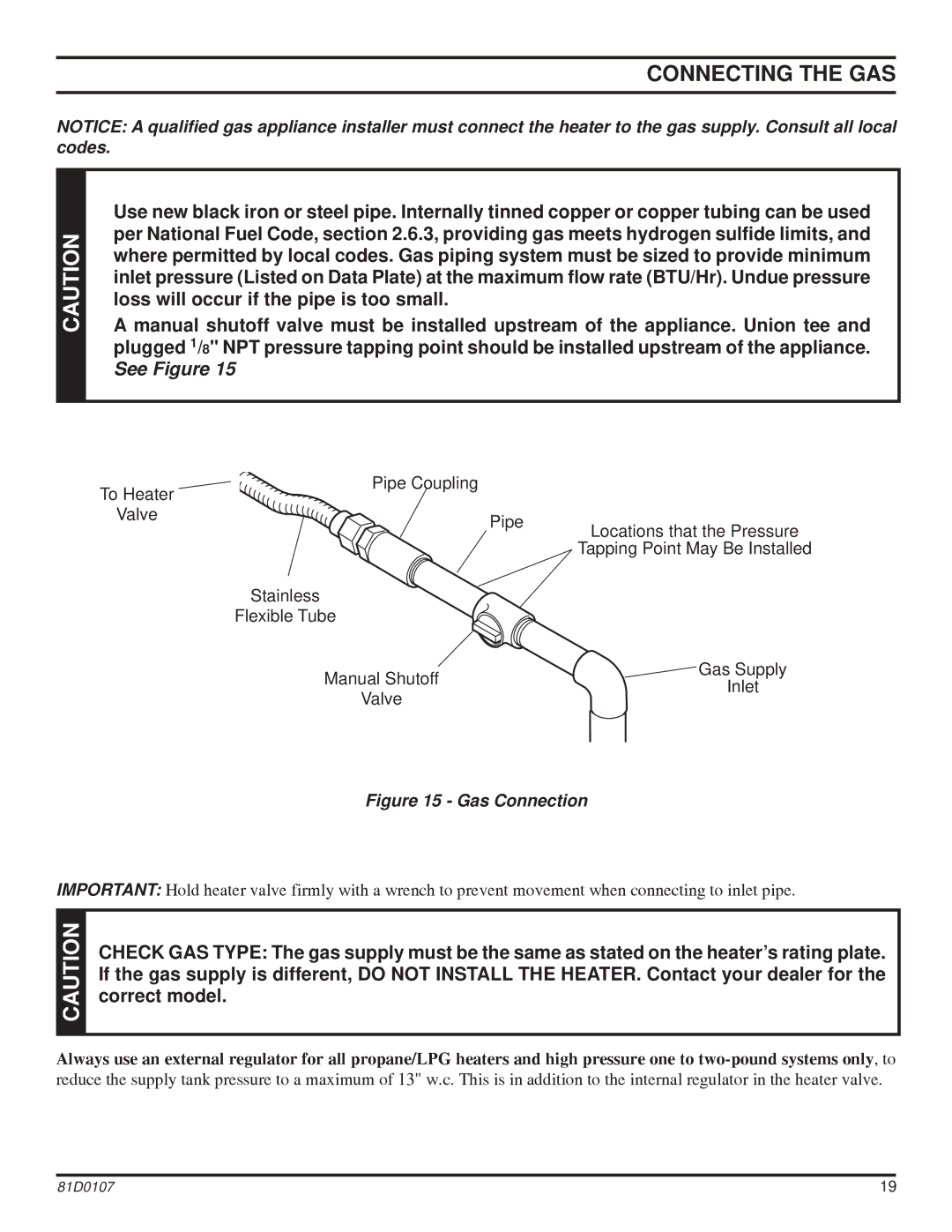 Monessen Hearth NB18, NB24 operating instructions Connecting the GAS, Flexible Tube Manual Shutoff Gas Supply Inlet Valve 