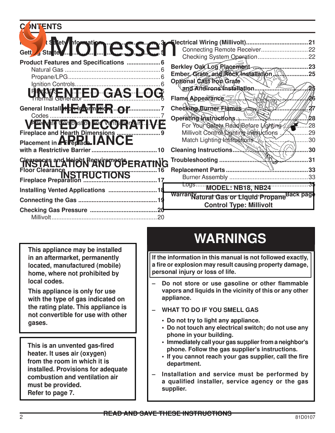 Monessen Hearth NB24, NB18 operating instructions Contents 