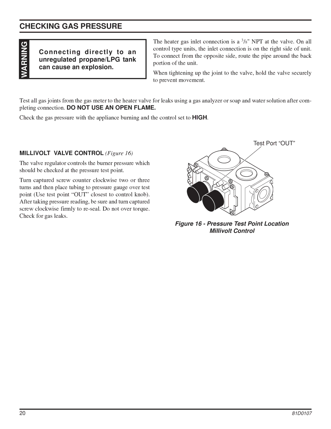 Monessen Hearth NB24, NB18 operating instructions Checking GAS Pressure, Millivolt Valve Control Figure 