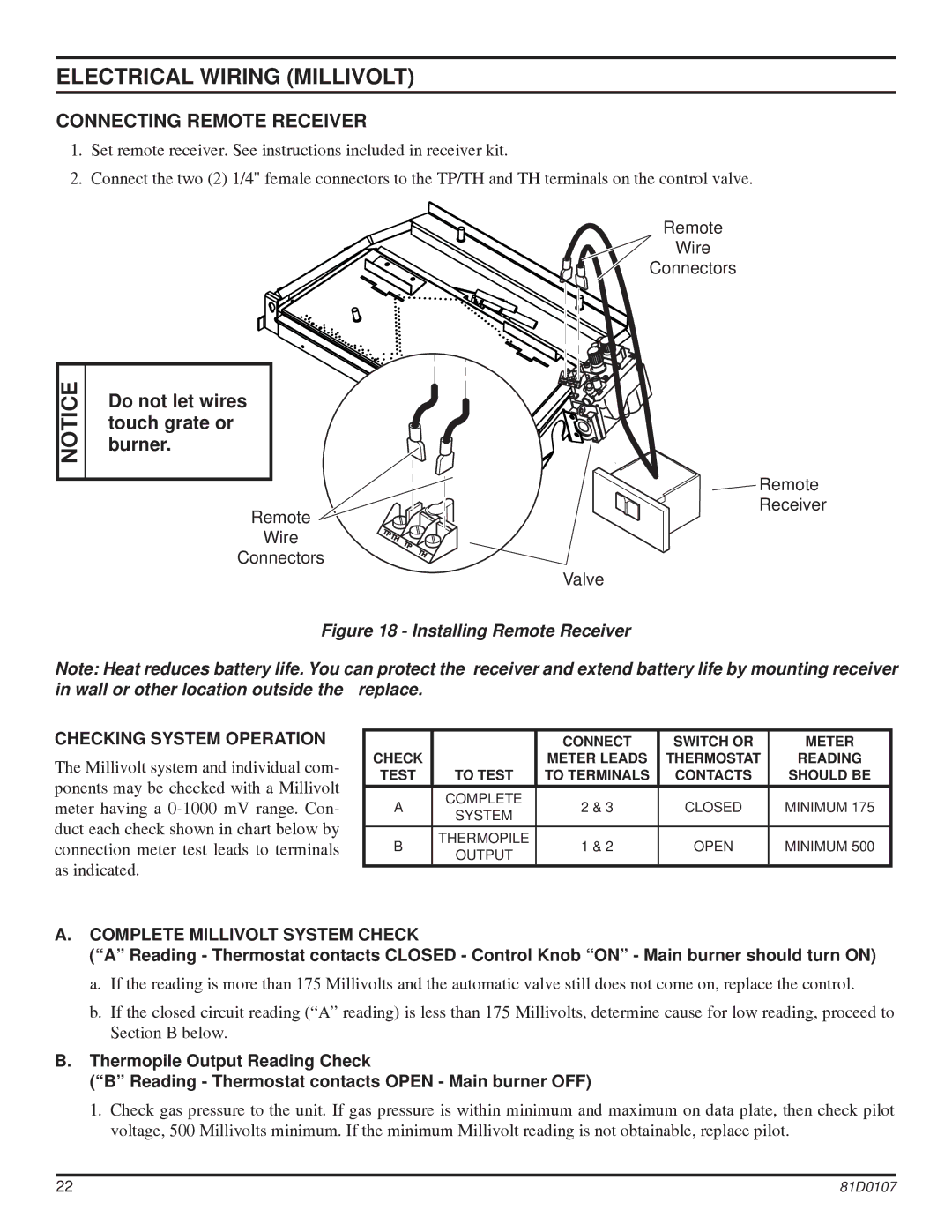 Monessen Hearth NB24, NB18 Connecting Remote Receiver, Checking System Operation, Complete Millivolt System Check 