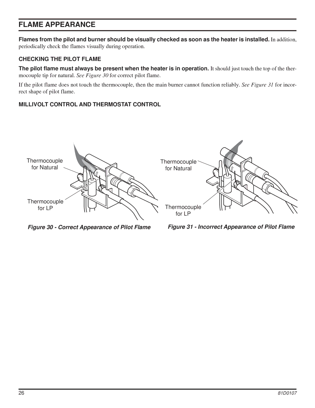 Monessen Hearth NB24, NB18 Flame Appearance, Checking the Pilot Flame, Millivolt Control and Thermostat Control 