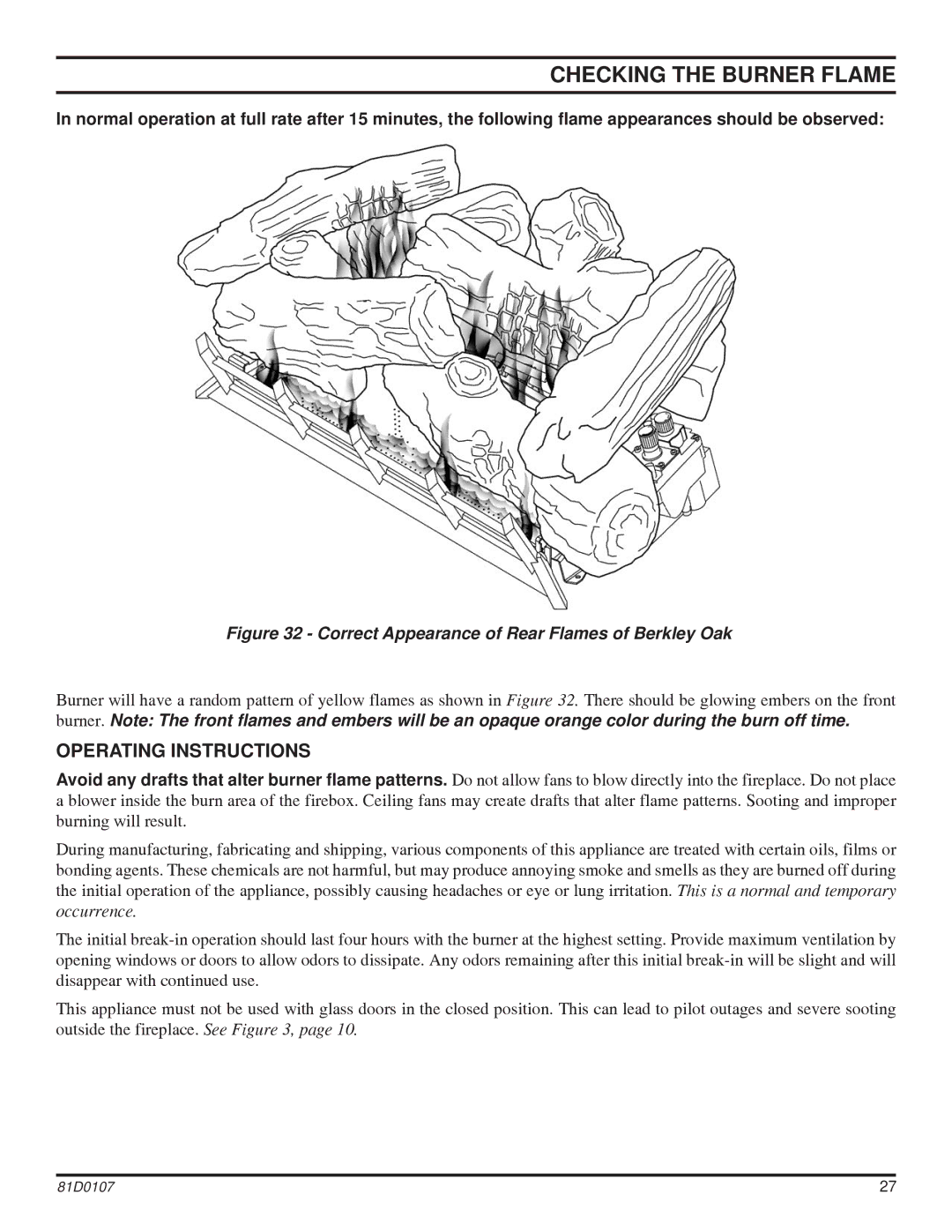 Monessen Hearth NB18, NB24 operating instructions Checking the Burner Flame, Operating Instructions 