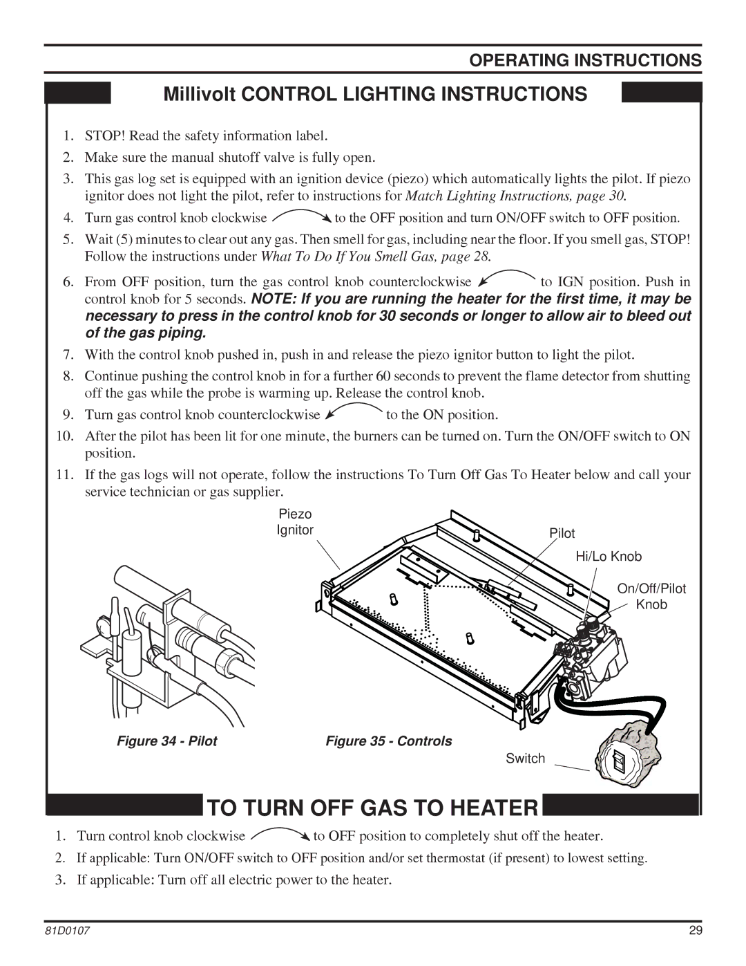 Monessen Hearth NB18, NB24 operating instructions To Turn OFF GAS to Heater 