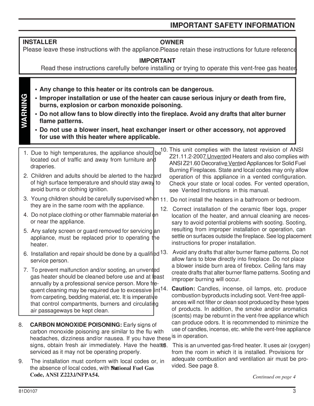 Monessen Hearth NB18, NB24 operating instructions Important Safety Information, Installer, Owner 