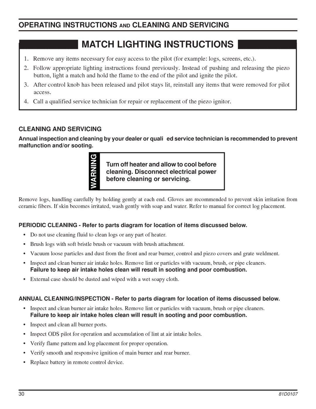 Monessen Hearth NB24, NB18 operating instructions Operating Instructions and Cleaning and Servicing 