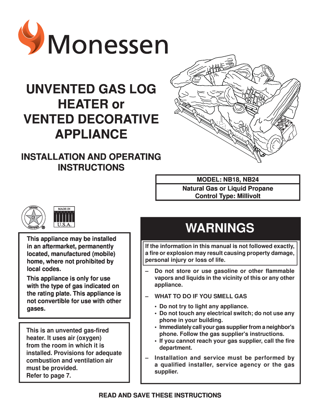 Monessen Hearth NB18, NB24 operating instructions Installation And Operating Instructions, Appliance, Warnings 