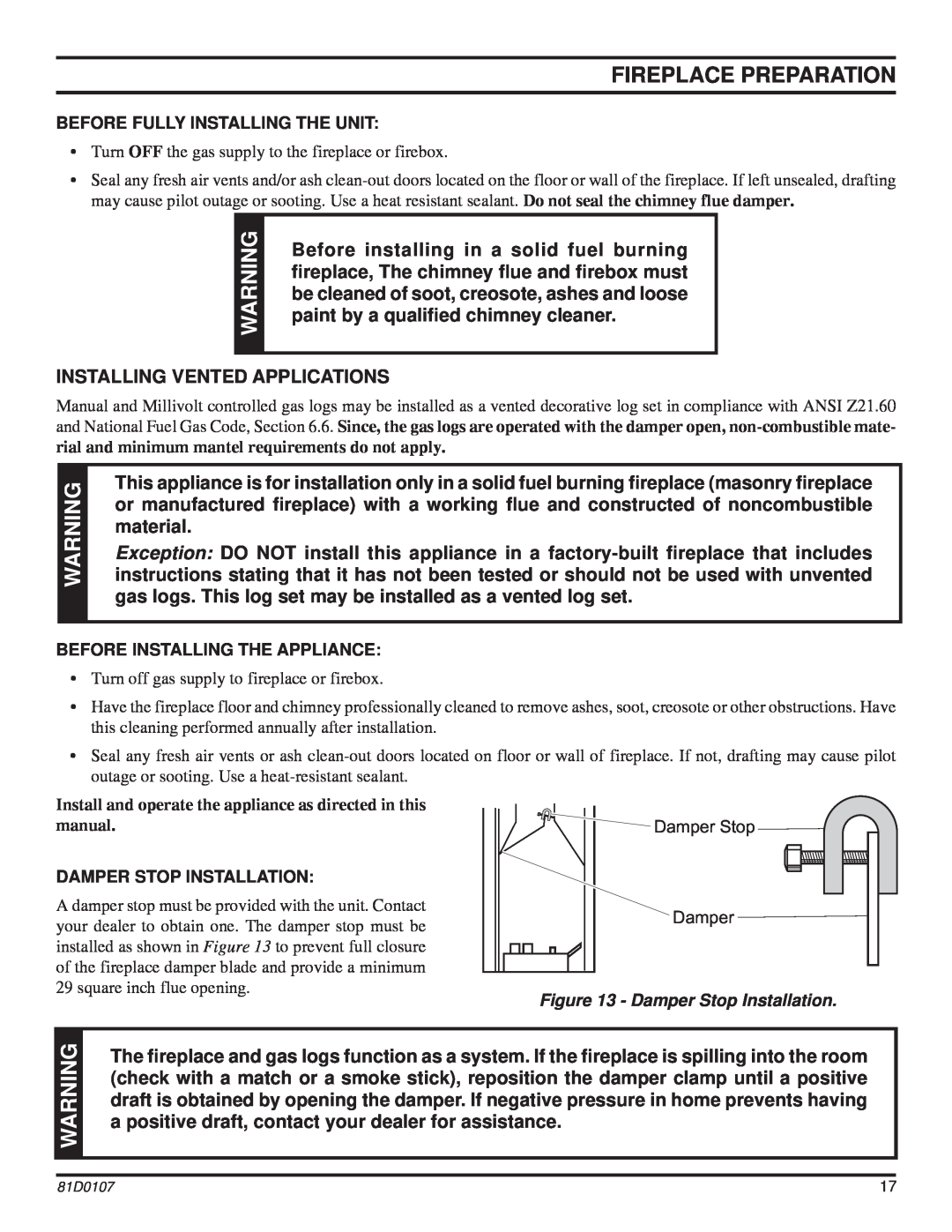 Monessen Hearth NB18, NB24 operating instructions Fireplace Preparation 