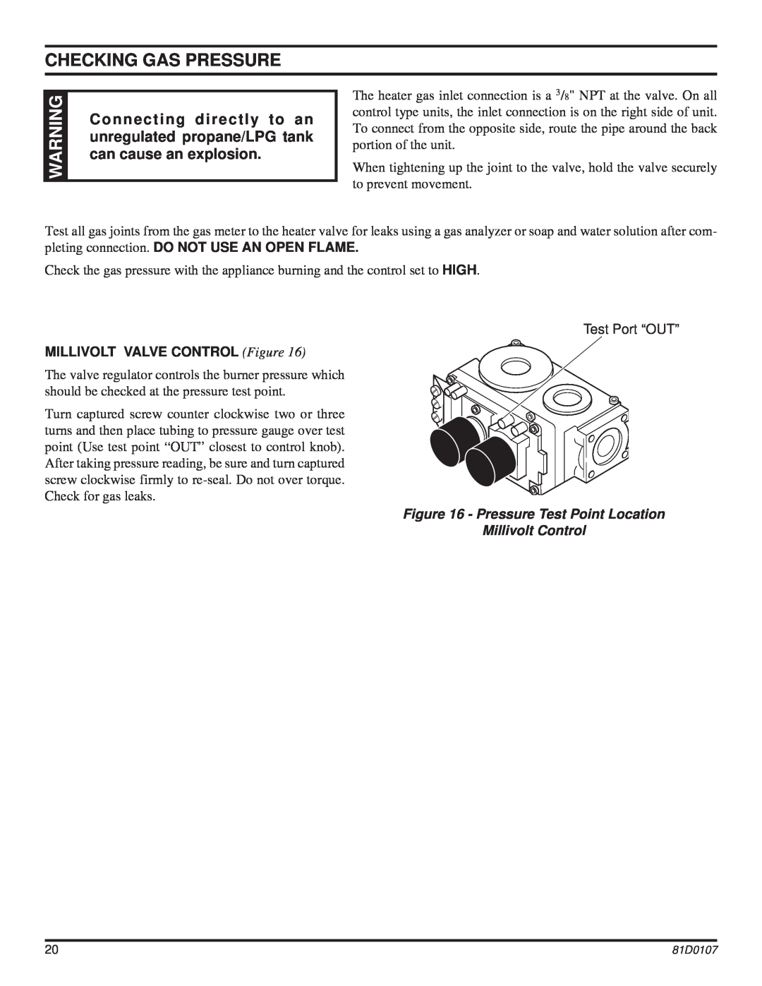 Monessen Hearth NB24, NB18 operating instructions Checking Gas Pressure, MILLIVOLT VALVE CONTROL Figure 