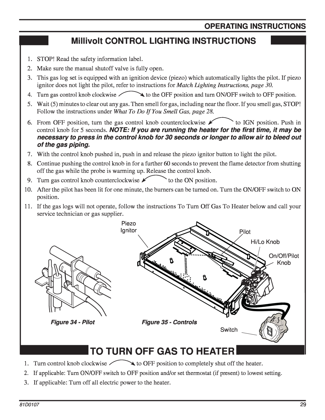 Monessen Hearth NB18, NB24 To Turn Off Gas To Heater, Millivolt CONTROL LIGHTING INSTRUCTIONS, Operating Instructions 