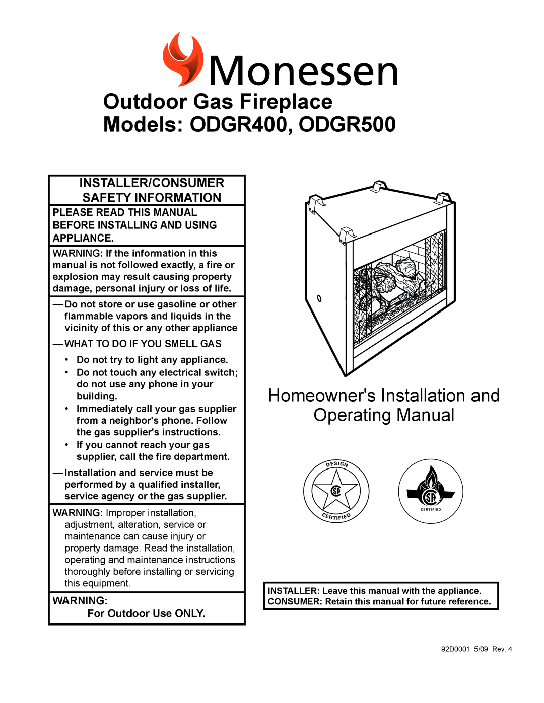 Monessen Hearth manual Outdoor Gas Fireplace Models ODGR400, ODGR500 