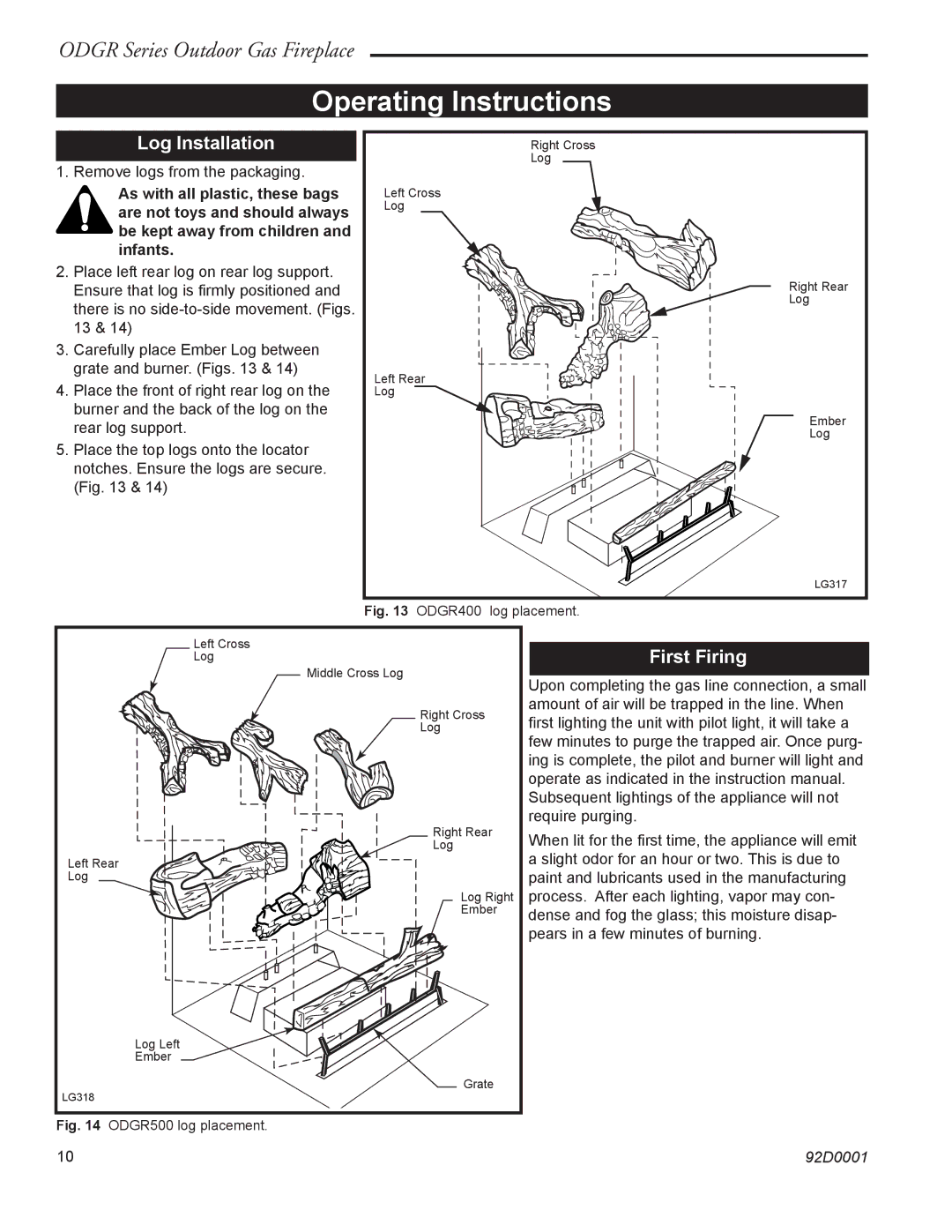 Monessen Hearth ODGR500, ODGR400 manual Operating Instructions, Log Installation, First Firing 