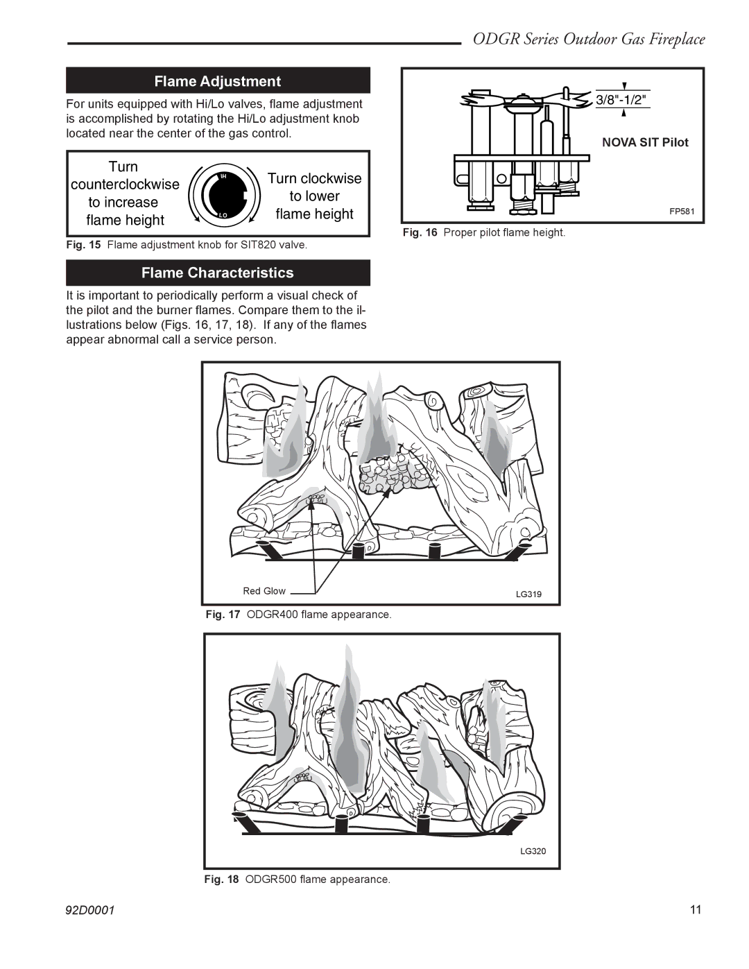 Monessen Hearth ODGR400, ODGR500 manual Flame Adjustment, Flame Characteristics, Nova SIT Pilot 