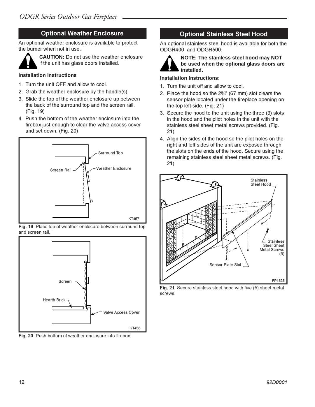 Monessen Hearth ODGR500, ODGR400 manual Optional Weather Enclosure, Optional Stainless Steel Hood, Installation Instructions 