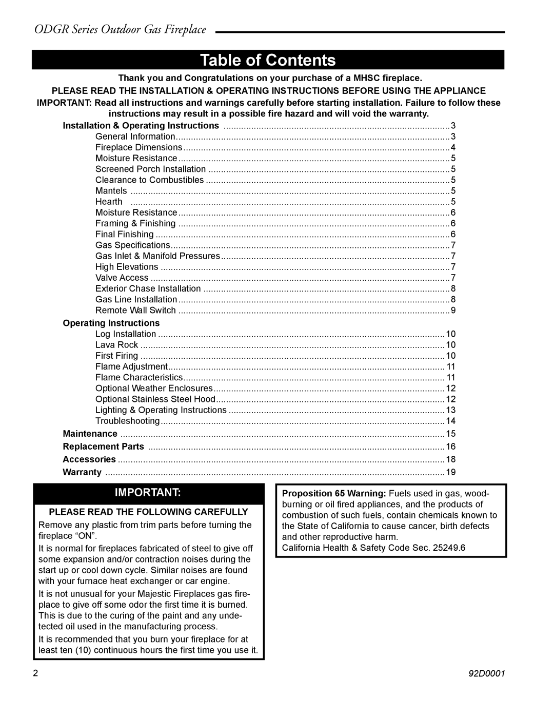 Monessen Hearth ODGR500, ODGR400 manual Table of Contents 