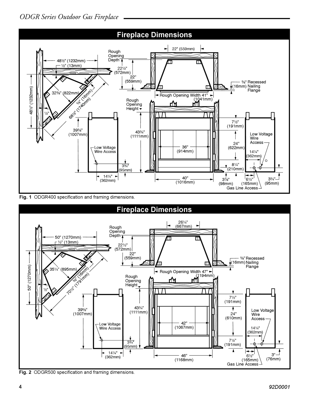 Monessen Hearth ODGR500, ODGR400 manual Fireplace Dimensions 