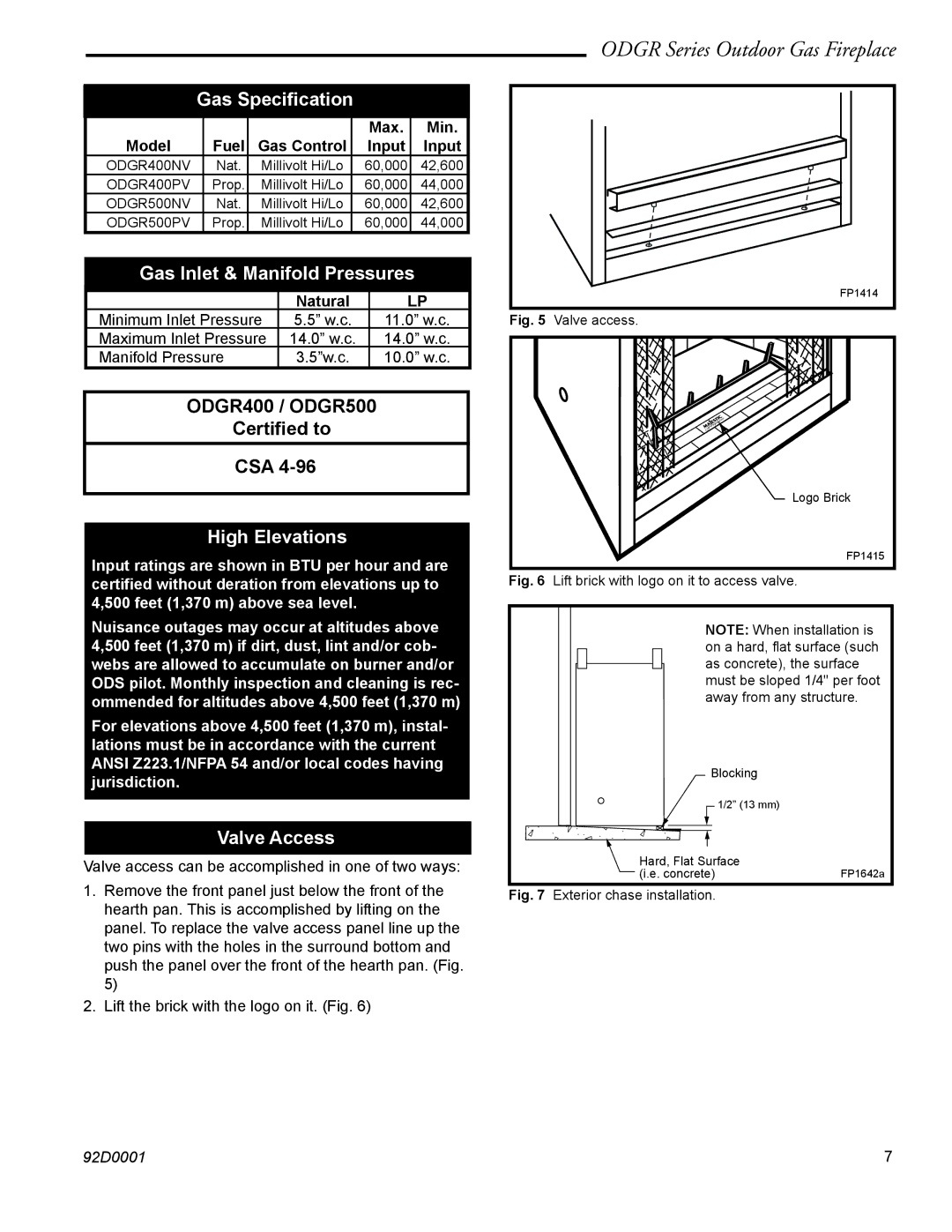 Monessen Hearth ODGR400, ODGR500 manual Gas Specification, Gas Inlet & Manifold Pressures, High Elevations, Valve Access 