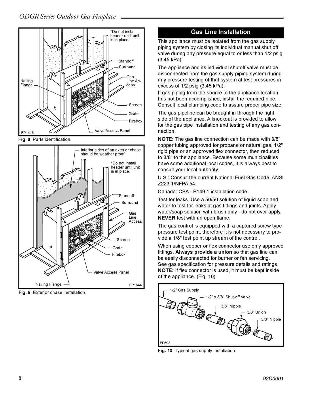 Monessen Hearth ODGR500, ODGR400 manual Gas Line Installation, Parts identification 