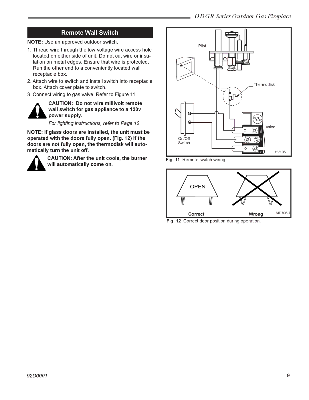 Monessen Hearth ODGR400, ODGR500 manual Remote Wall Switch, Remote switch wiring 