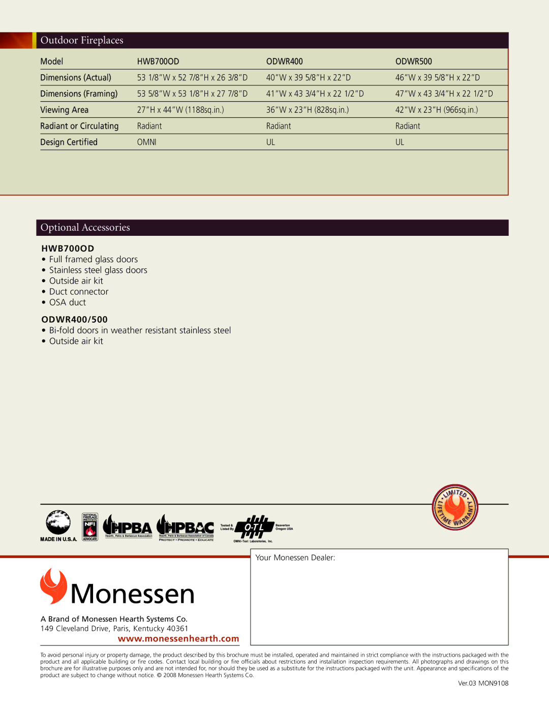 Monessen Hearth ODWR400, ODWR500 manual Monessen 