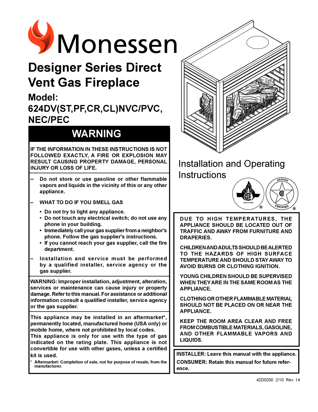 Monessen Hearth CR, PF, CL)NVC/PVC, 624DV(ST manual Designer Series Direct Vent Gas Fireplace 