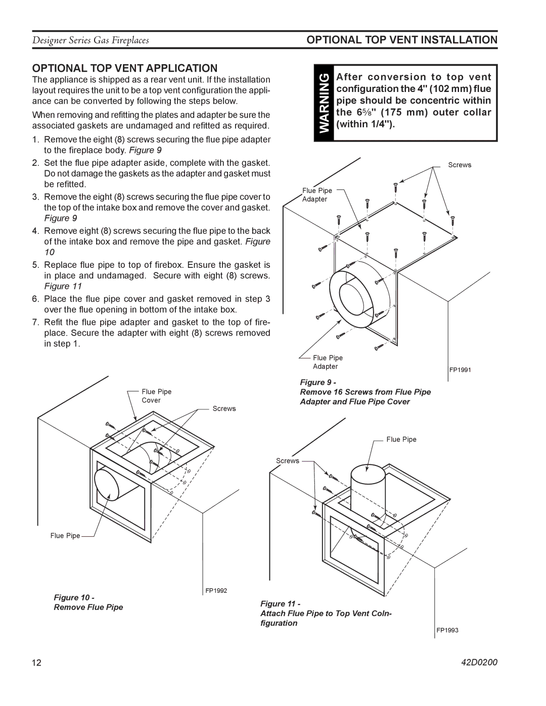 Monessen Hearth PF, CR, CL)NVC/PVC, 624DV(ST manual Optional TOP Vent installation, Optional top vent application 