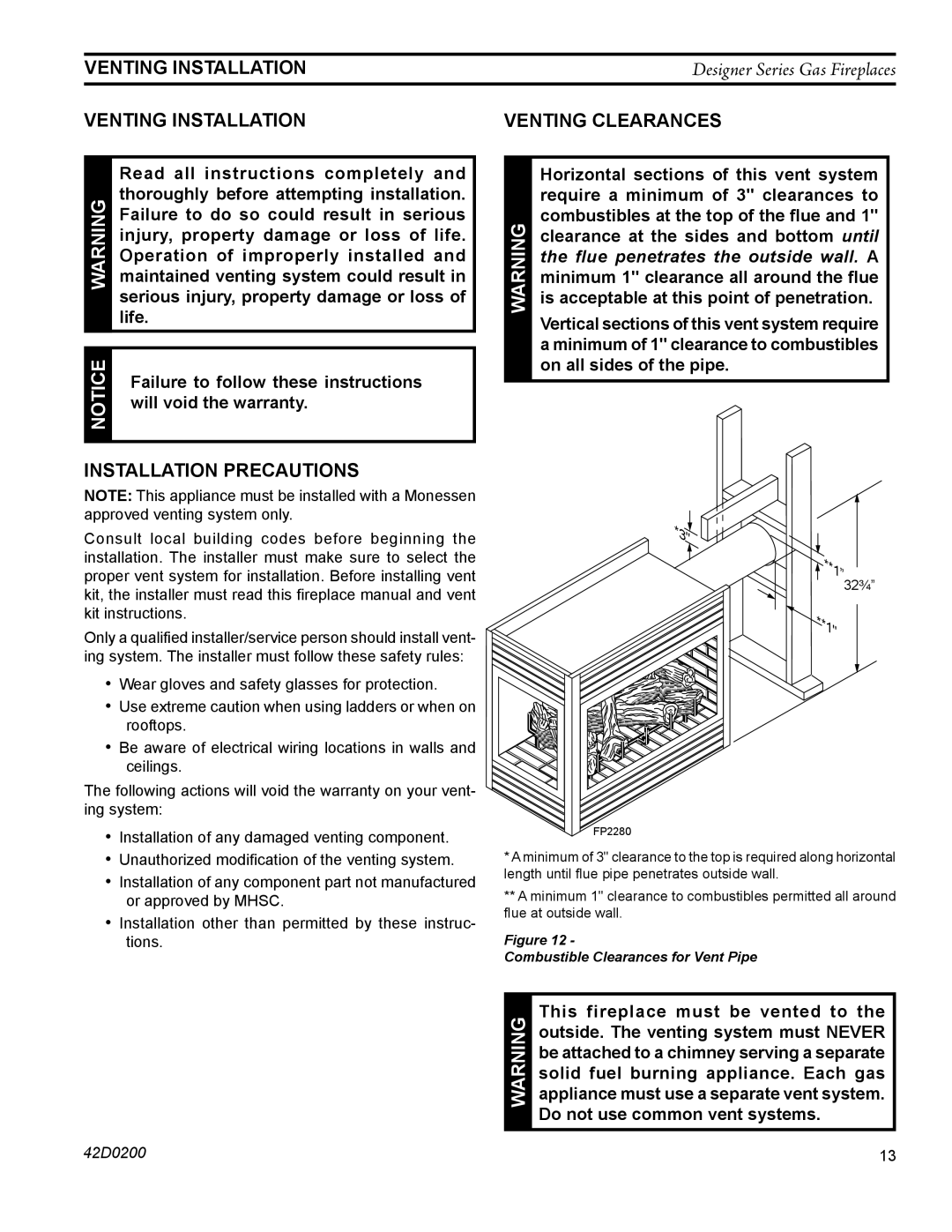 Monessen Hearth CR, PF, CL)NVC/PVC, 624DV(ST manual VentING installation, Venting Clearances, Installation precautions 